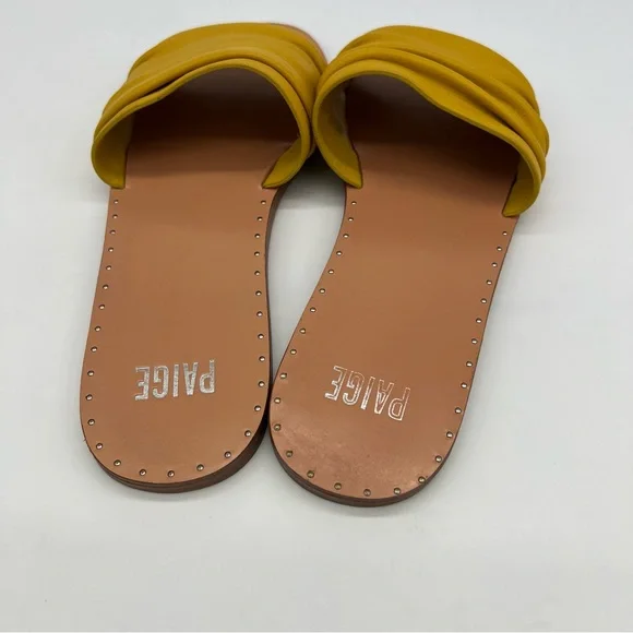 PAIGE Emilia Leather Slide Sandals Mustard Yellow Ruched Band Womens 8.5 US - Picture 10 of 13